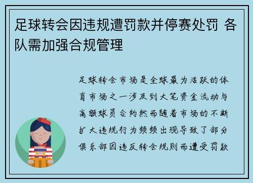 足球转会因违规遭罚款并停赛处罚 各队需加强合规管理