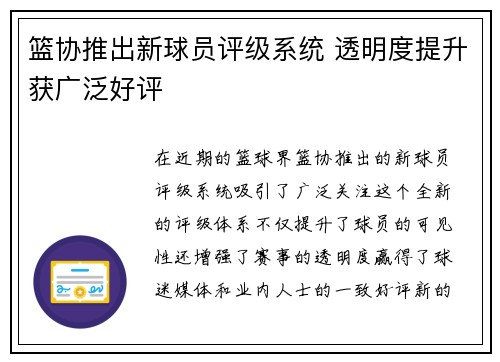 篮协推出新球员评级系统 透明度提升获广泛好评